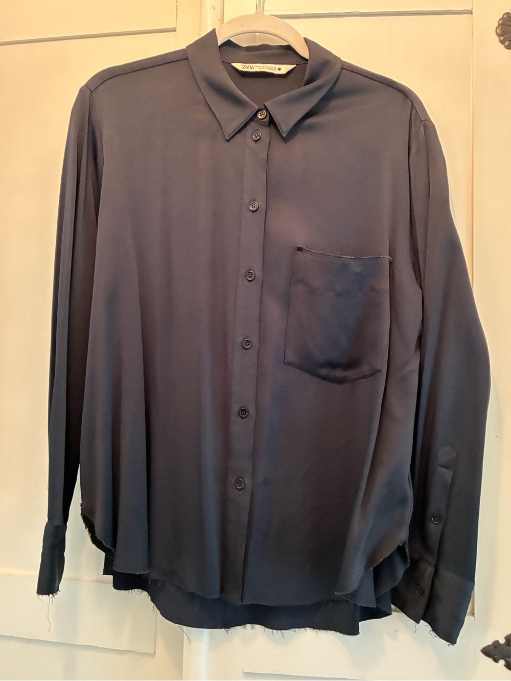 Zara Navy Blue Satin Casual Button-Down Shirt Raw Hemline XL